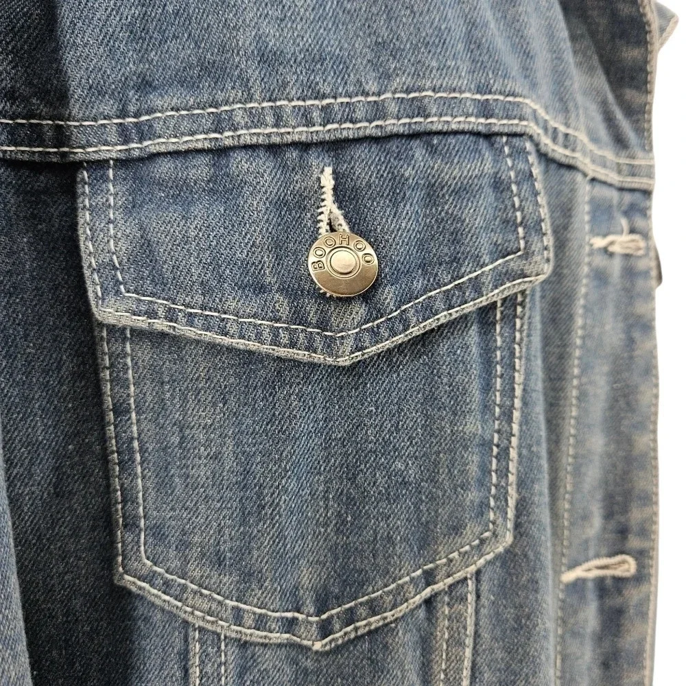 Boohoo Denim Jacket Medium Wash Blue Jean Long Sleeve Button Front Collared